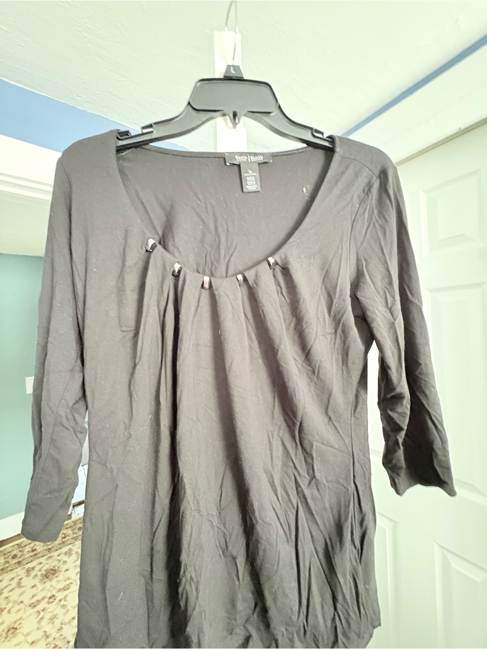 White House Black Market Black Scoop-Neck 3/4 Sleeve Top with Bead Trim